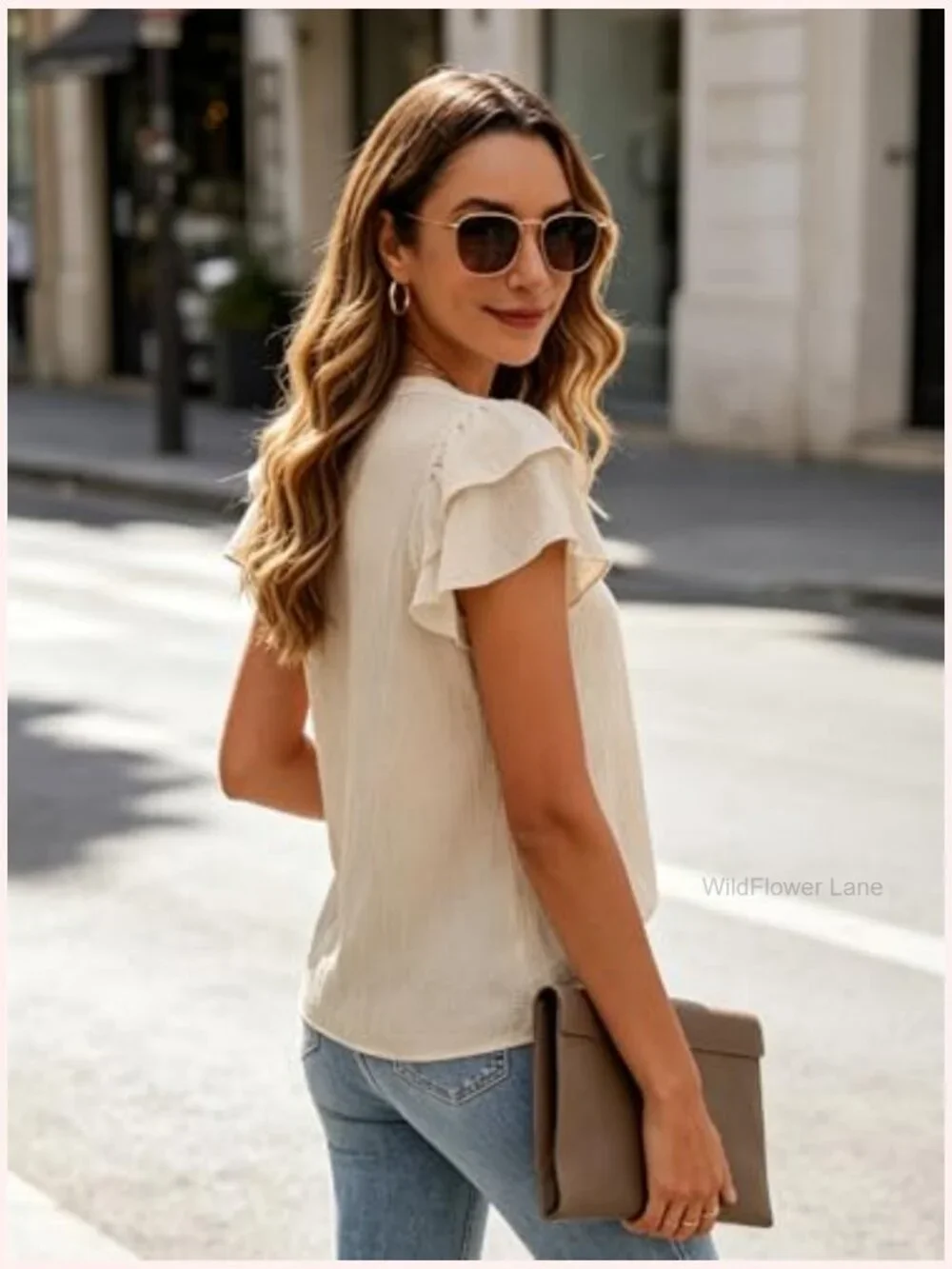 Ruffle Short Sleeve V Neck Tunic Blouse Flowy Business Casual Top Office Shirt - Picture 4 of 7